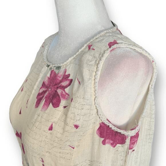 Vintage 90s Maxi Dress Cream Linen Purple Floral Script Print Sleeveless Lace - Picture 4 of 14